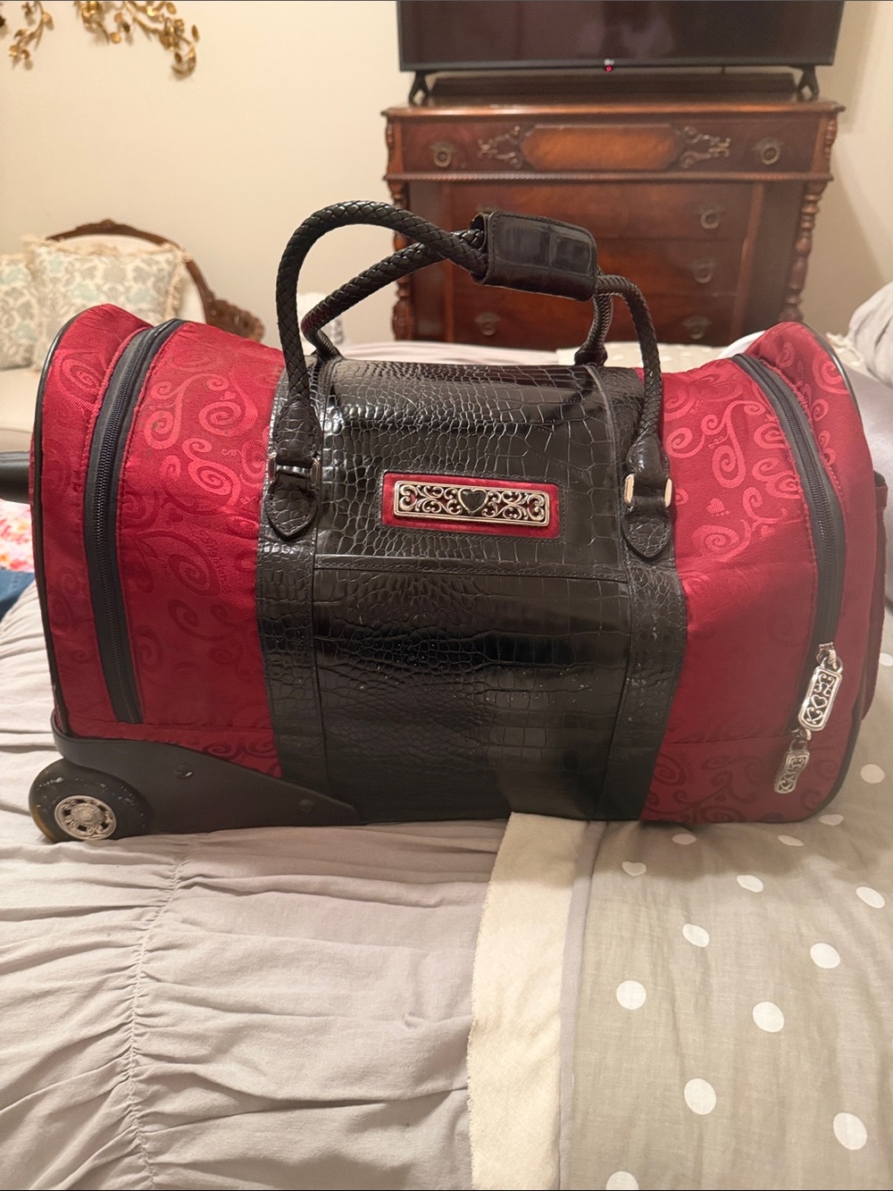 Brighton Red and Black Rolling DuffleTravel Tote Luggage Weekender